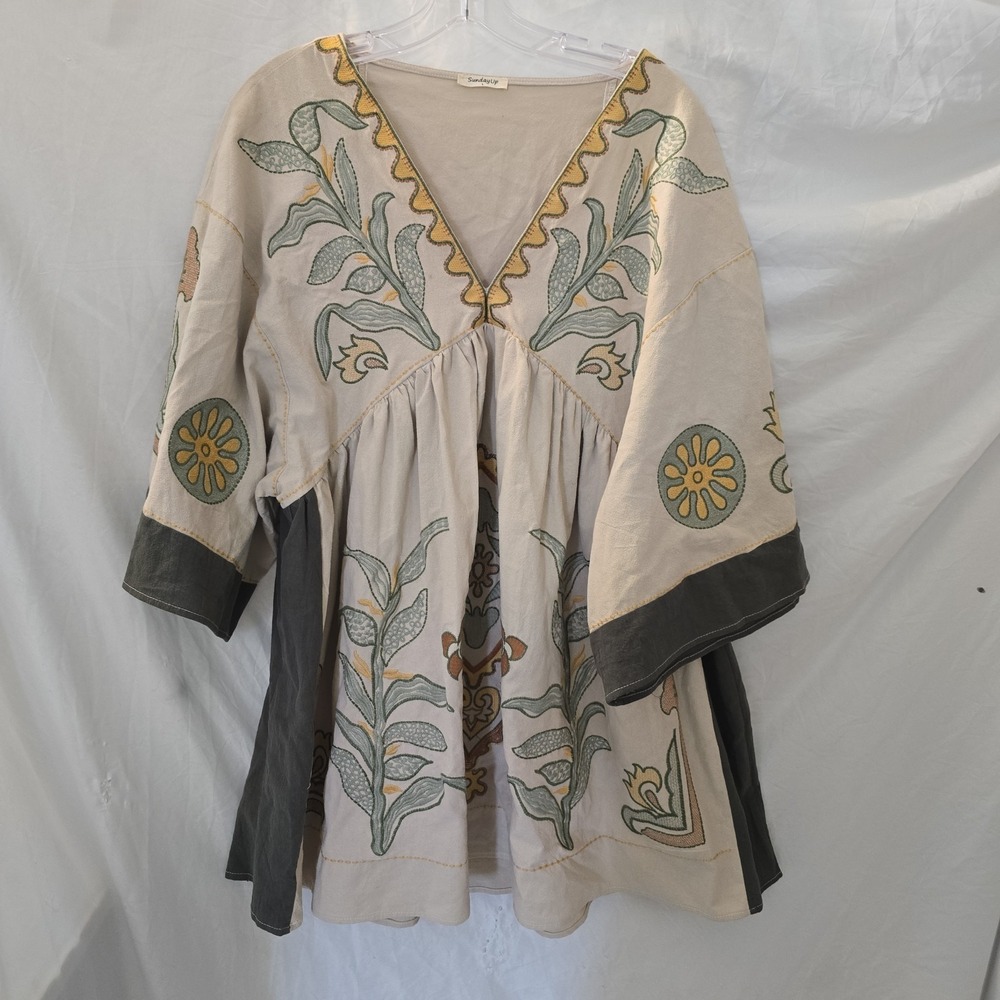 Sunday Up Embroidered Boho Babydoll Dress/tunic Cream Floral V-neck Oversized L